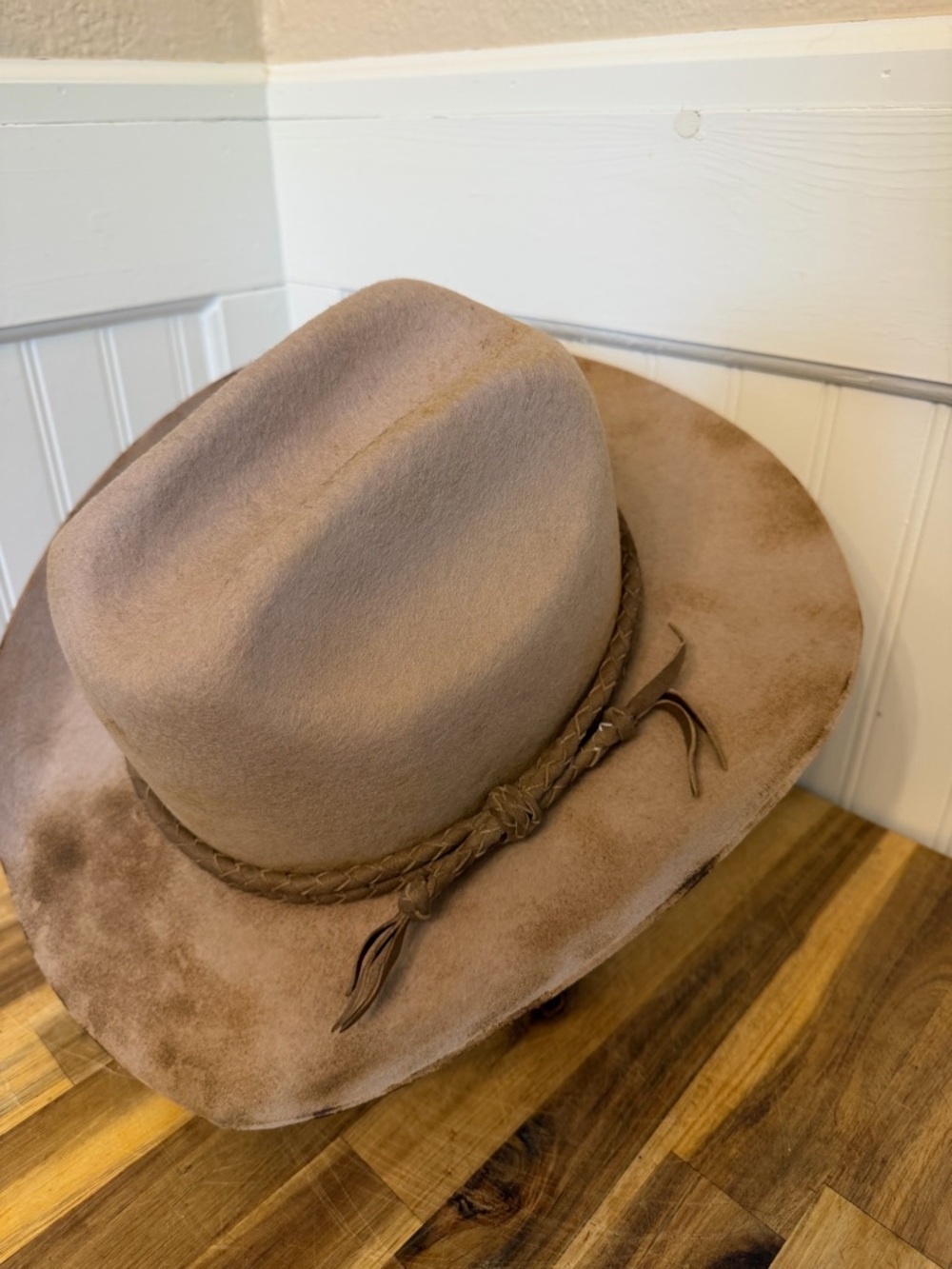Distressed Cowboy Hat | Brown Wool Felt | Braided Leather | Large 7 3/8 - Picture 3 of 4
